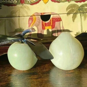 Vintage Jade carved‎ fruits Chinese apple with 5 leaves & peach 2-2.5 inches
